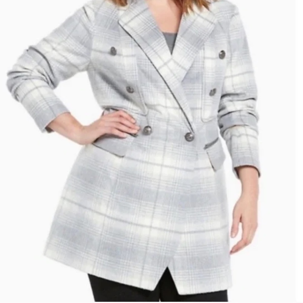 Grey Plaid Wool Blend Midi Pea Coat